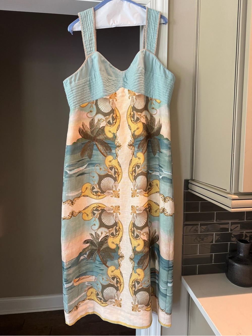 FARM Rio Seafoam and Yellow Coastal-Print Midi Dress